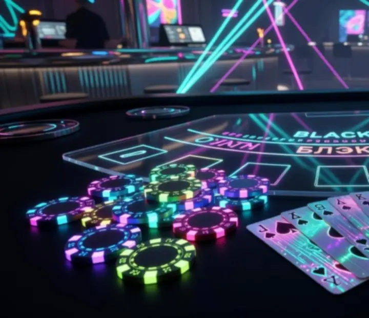 Neonowe stoły blackjackowe i rekwizyty w stylu cyberpunk