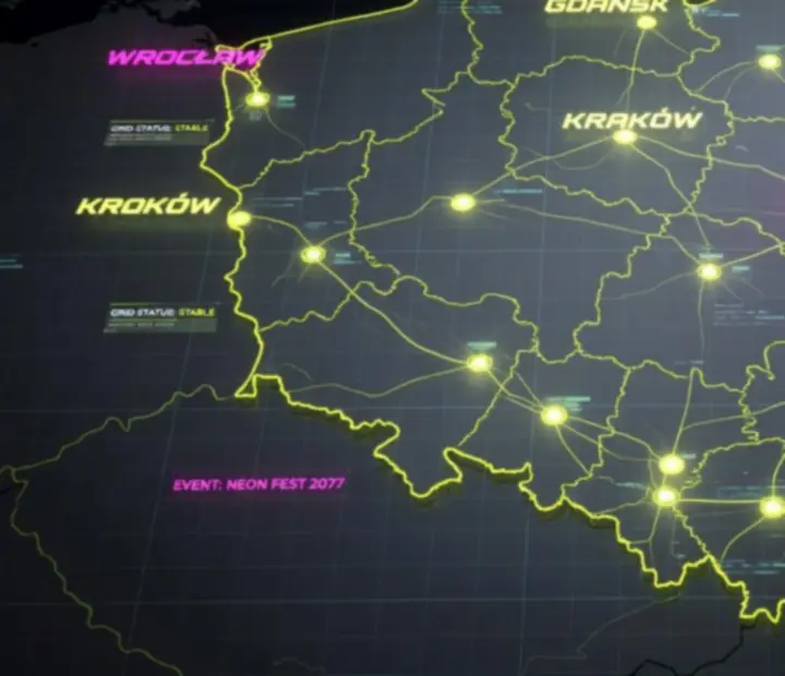 Neonowy, cyberpunkowy widok polskiego miasta nocą