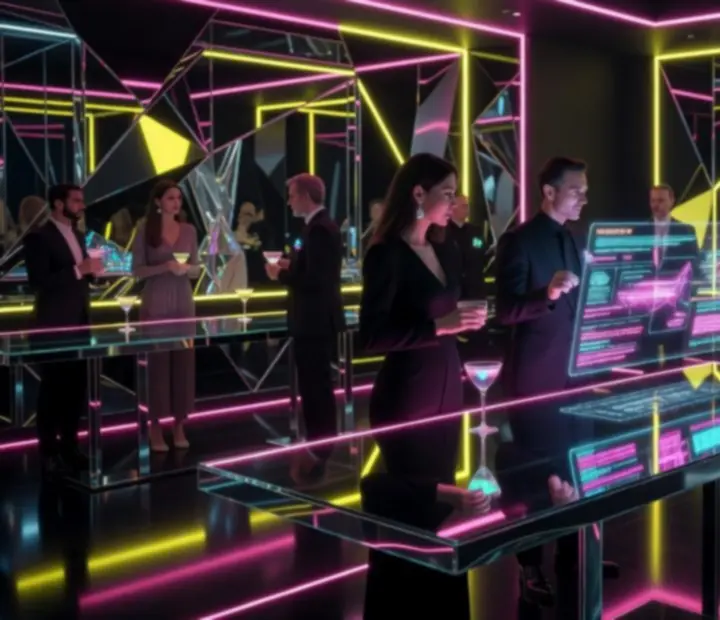 Prywatna sala eventowa w stylu cyberpunk z neonową scenografią