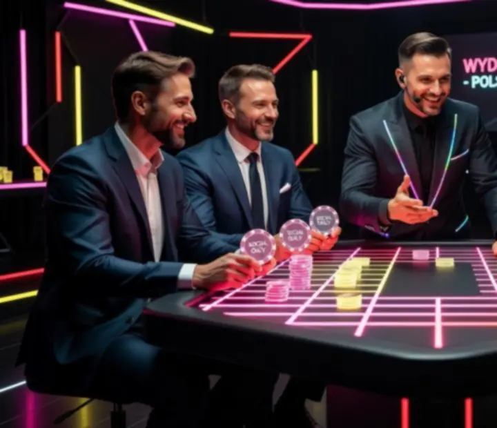 Stół pokerowy w neonowej oprawie podczas imprezy firmowej w stylu cyberpunk
