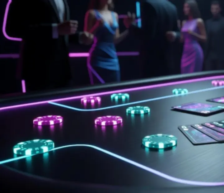 Neonowy cyberpunkowy stół pokerowy z żetonami